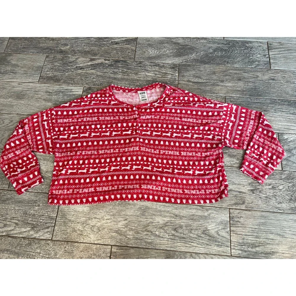 PINK Victorias Secret Pajama Set Large Red Fair Isle Dog Logo 2 pc PJ Set Nordic